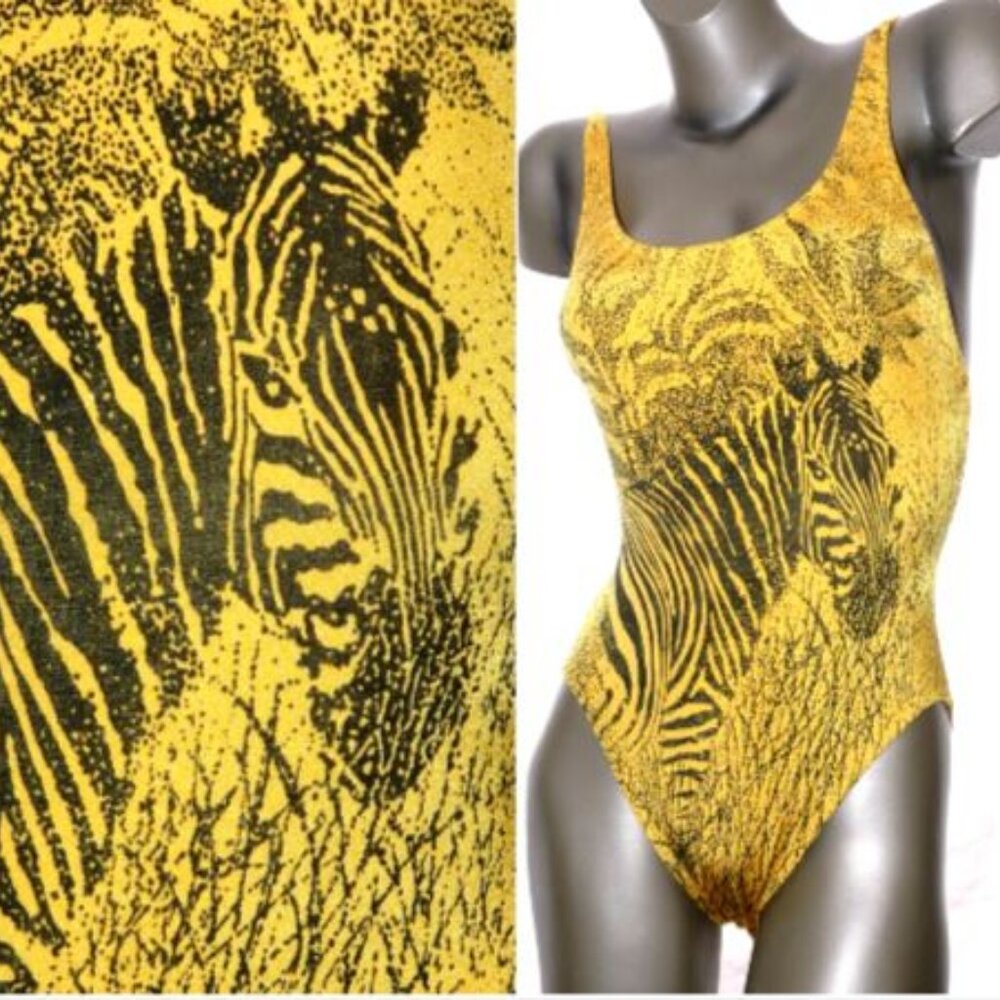 Vintage ZEBRA Swimsuit Lined Jungle Safari Wild Yellow Black Swim Beach  12